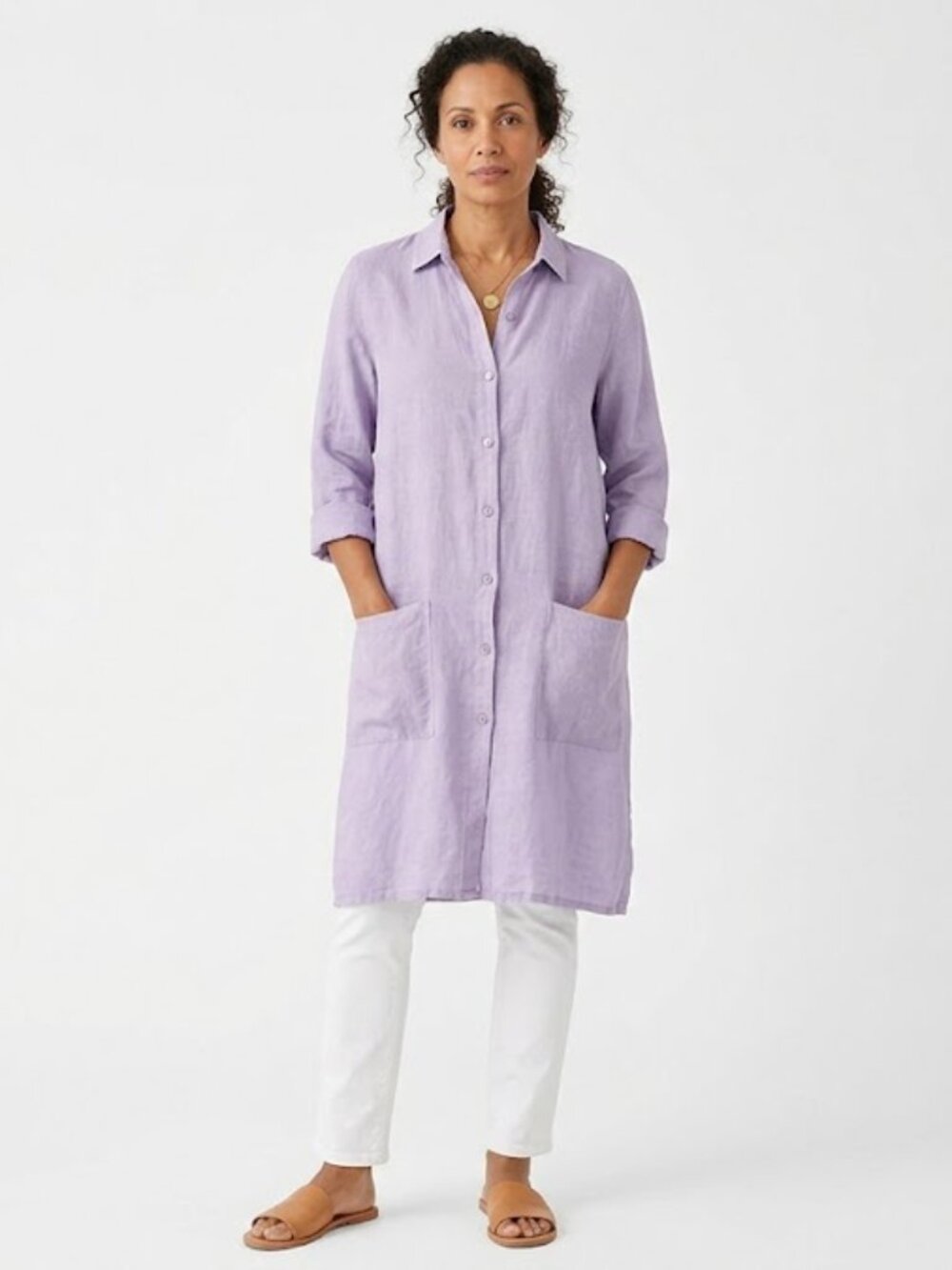 Vera Tucci Italy Lilac Linen Button Front Tunic Shirt Dress Longline Pockets